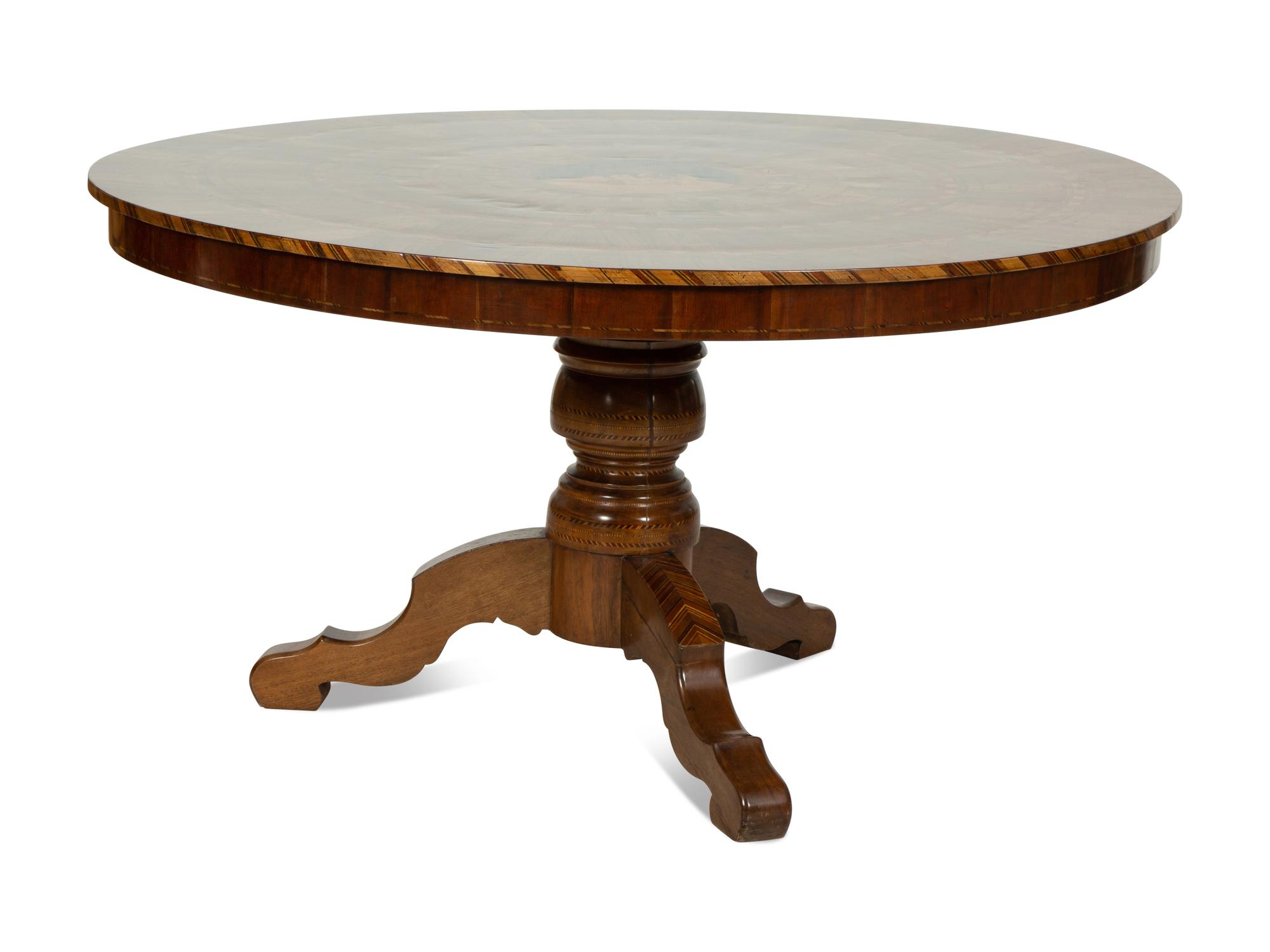 An Italian Walnut and Marquetry Tilt-Top Dining Table