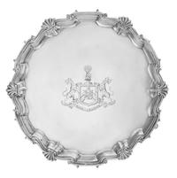 A George II Silver Salver, William Preston, London, 1752, engraved at the center with a coat of arms having a peacock crest and cheetah