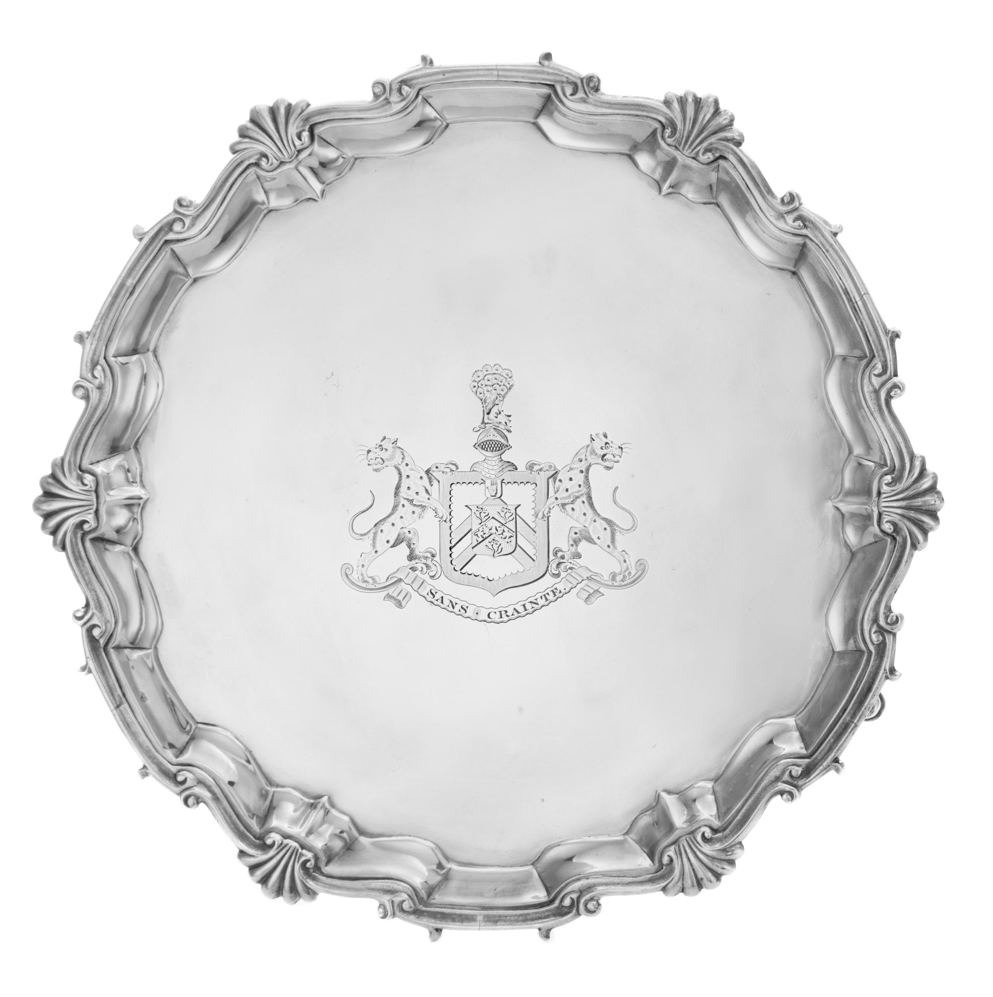A George II Silver Salver, William Preston, London, 1752, engraved at the center with a coat of arms having a peacock crest and cheetah