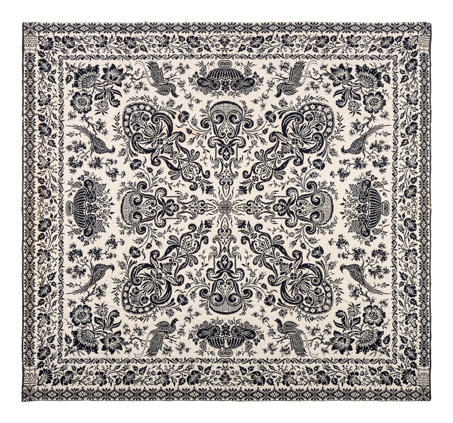 A Blue and White Jacquard Woven Coverlet