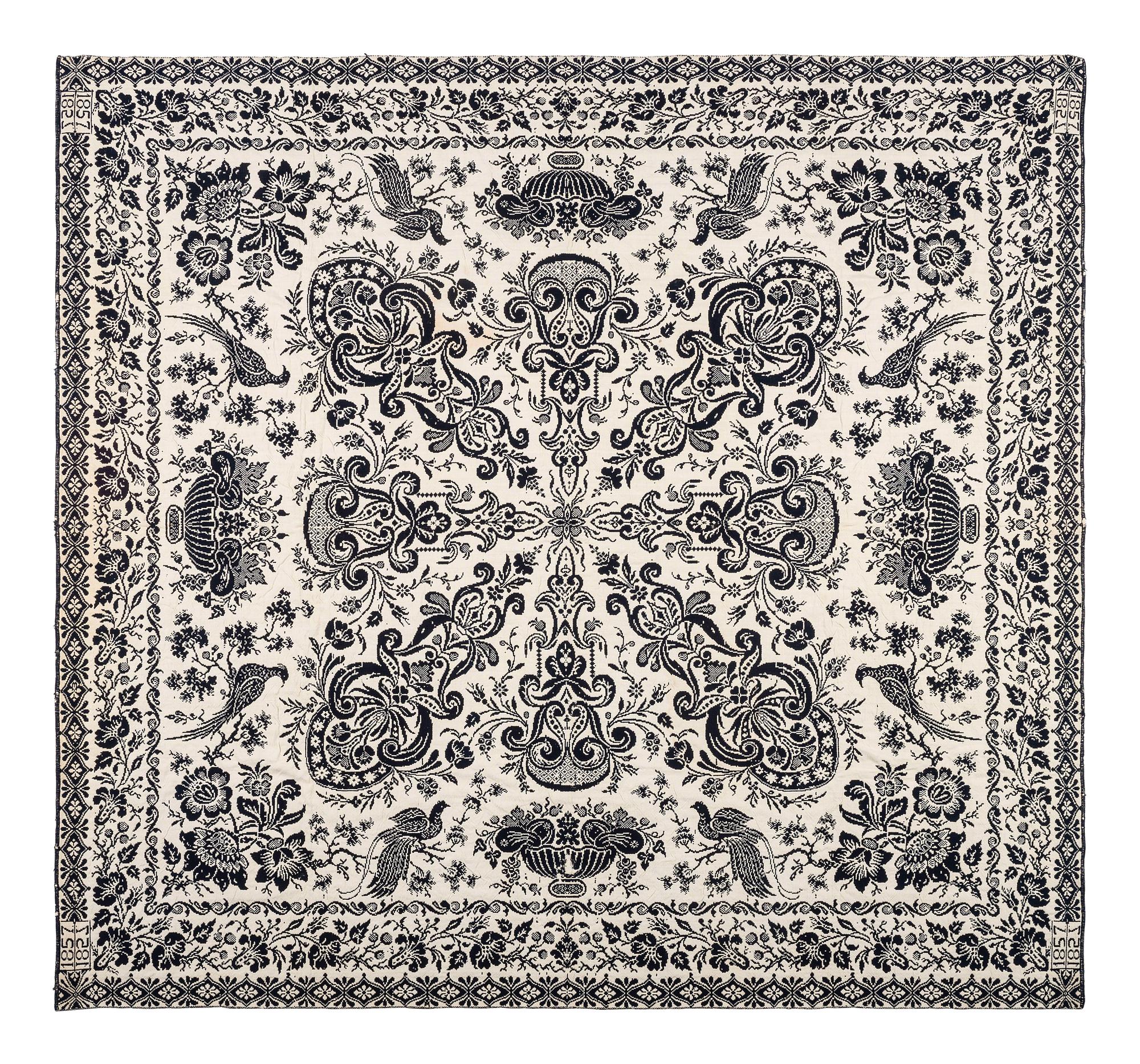 A Blue and White Jacquard Woven Coverlet