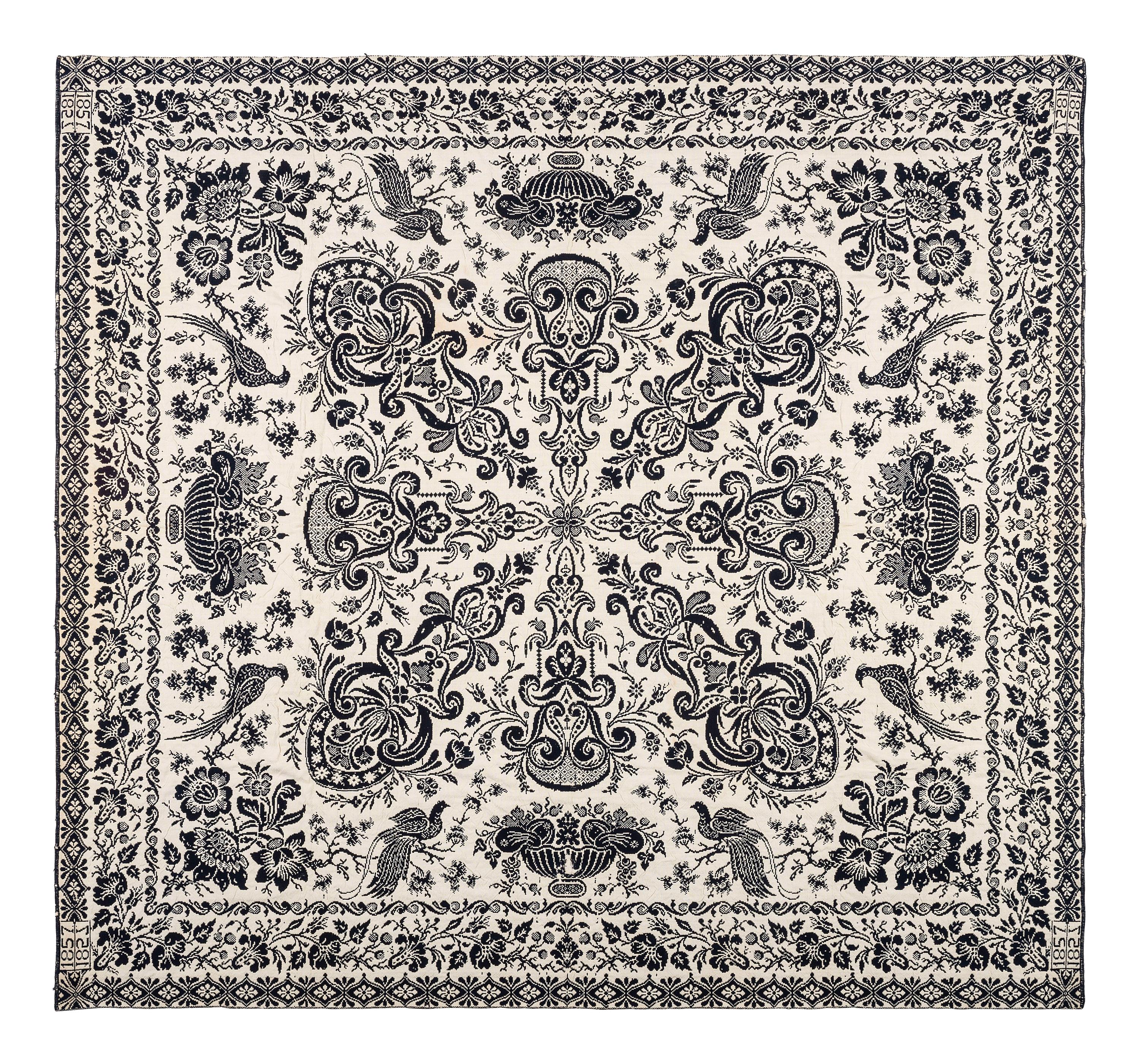 A Blue and White Jacquard Woven Coverlet