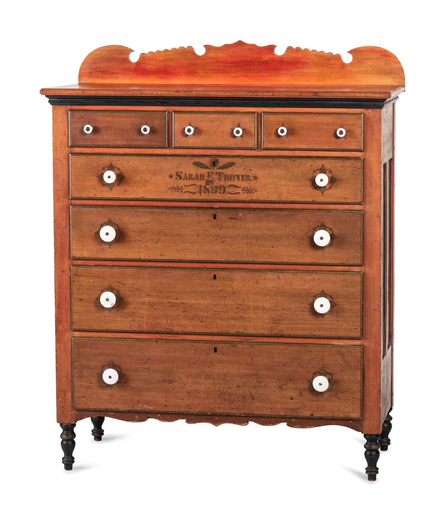 A Mennonite Red Wash, Black and Parcel Gilt Painted, Stencil Decorated Poplar Chest of Drawers