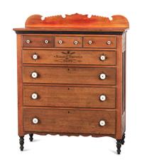 A Mennonite Red Wash, Black and Parcel Gilt Painted, Stencil Decorated Poplar Chest of Drawers