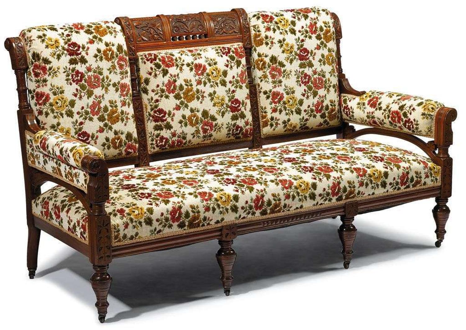 "Modern Gothic" seven-piece walnut parlor suite School of Daniel Pabst (1826-1910), Philadelphia, PA, circa 1875