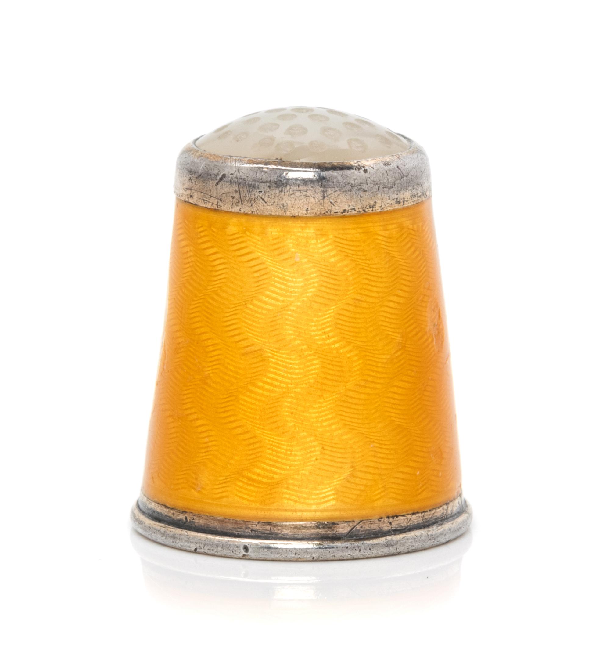 A Norwegian Silver and Guilloche Enamel Thimble, David Andersen, Oslo, Late 19th/Early 20th Century, the hardstone inset top above the
