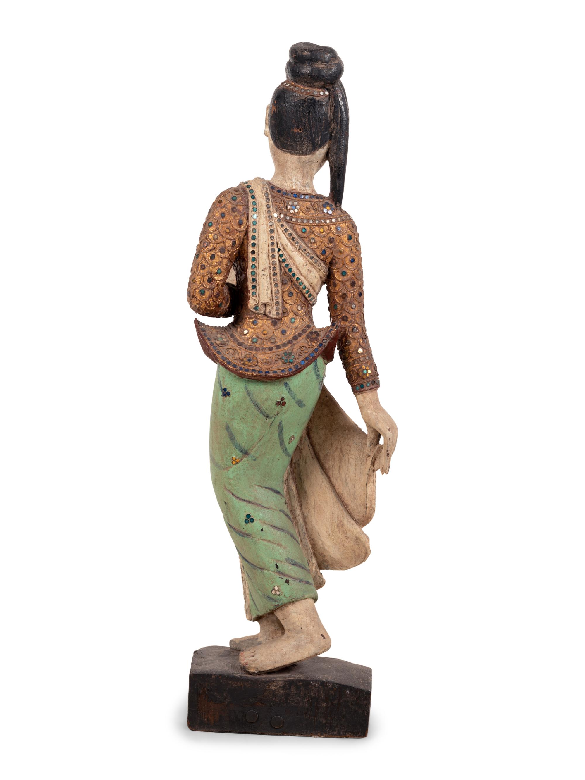 A Chinese Mica-Inset Carved and Polychrome Decorated Wood Standing Female Deity