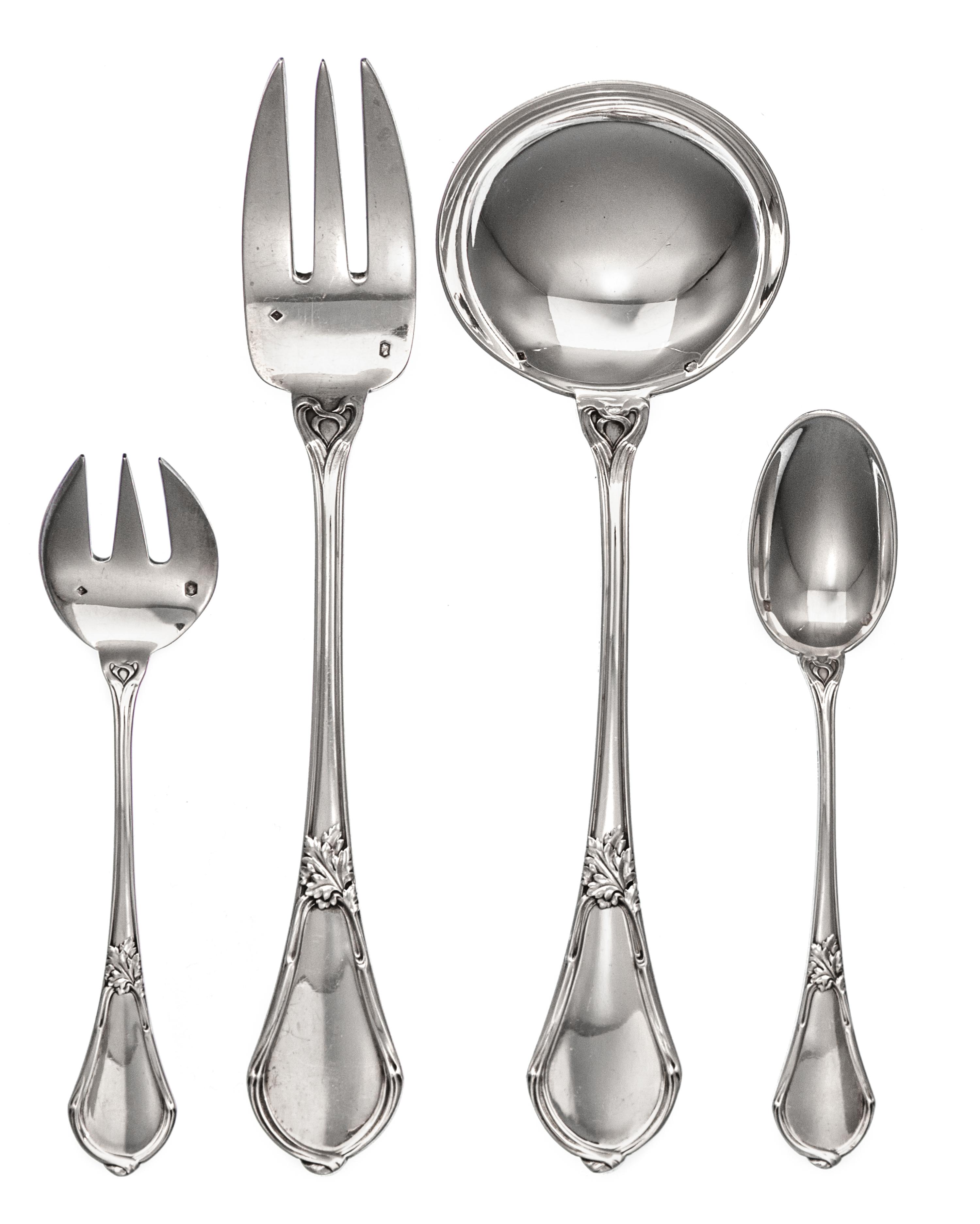 A Group of French Silver Flatware Articles, Tetard Freres, Retailed by Cartier, Paris, 20th Century, comprising: 7 pastry forks 3 ice c