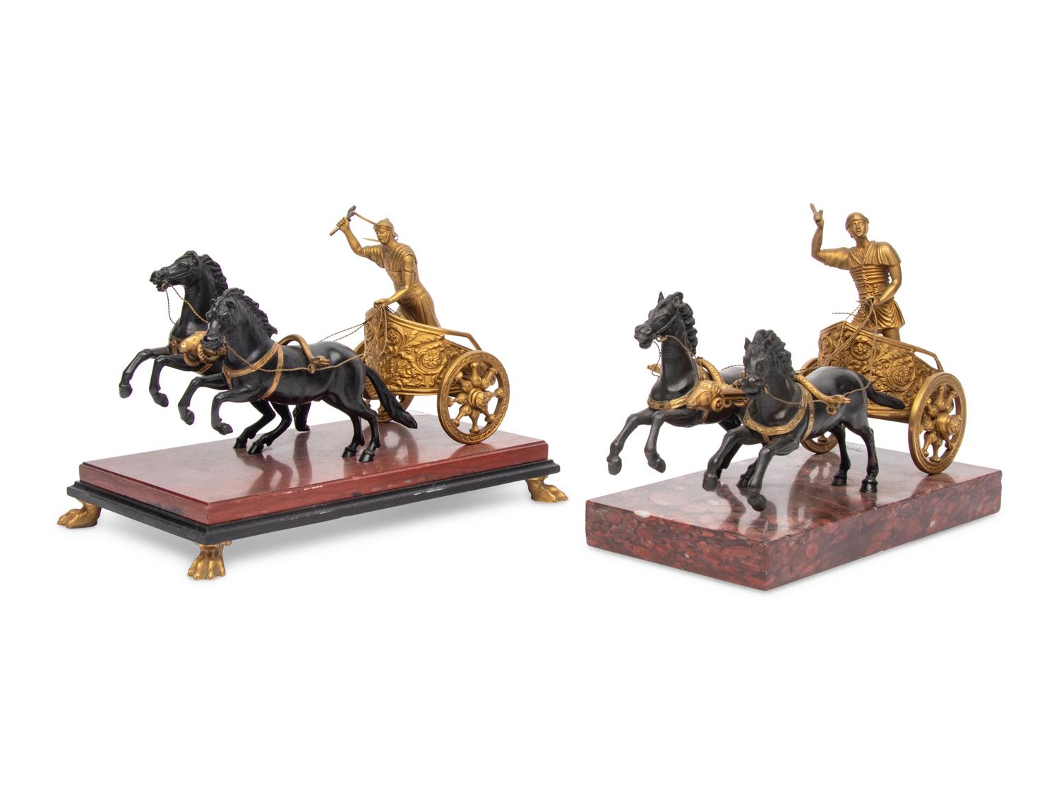Two Gilt and Patinated Bronze Figure Groups of Roman Charioteers