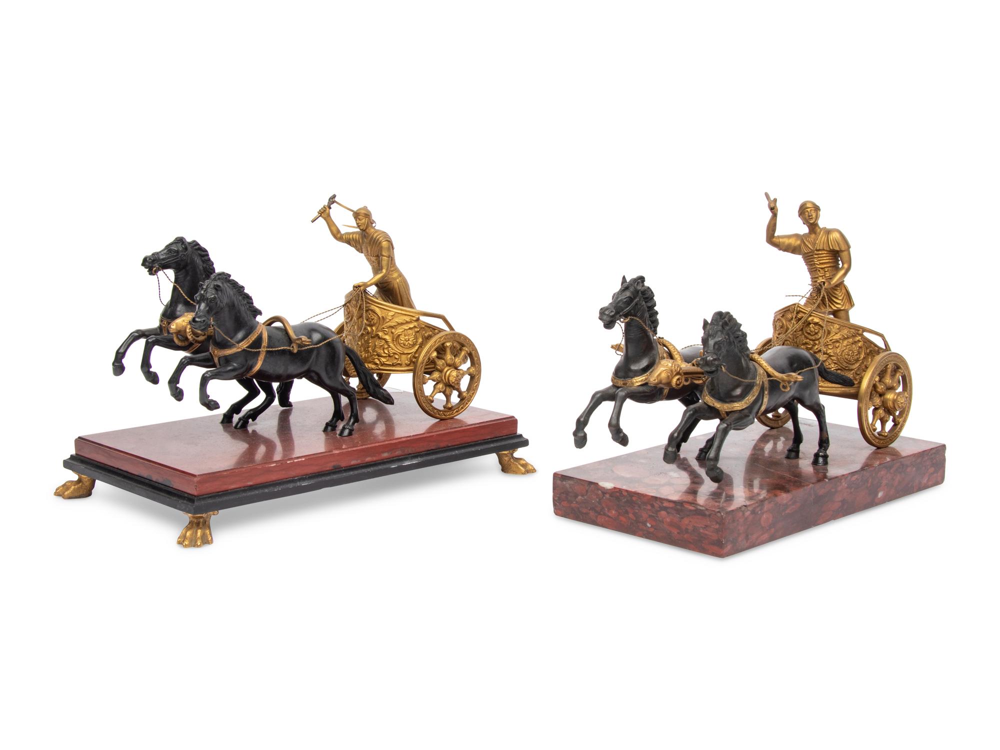 Two Gilt and Patinated Bronze Figure Groups of Roman Charioteers