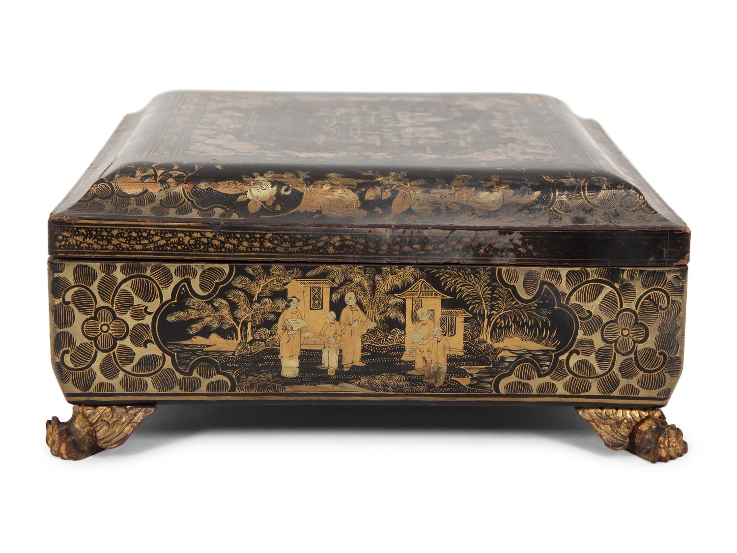 An English Chinoiserie Black and Gilt Laquer Game Box
