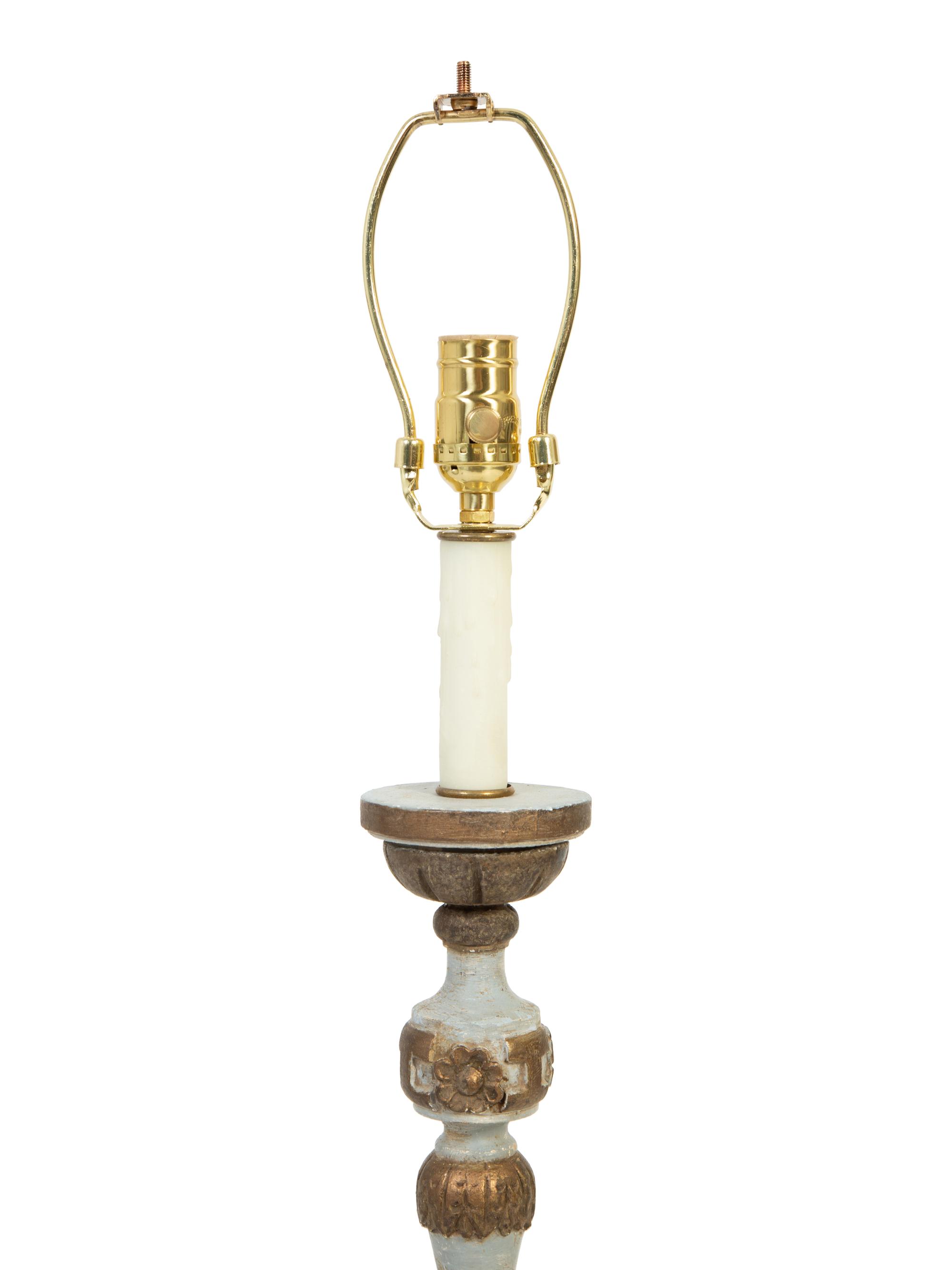 An Italian Painted and Parcel Gilt Pricket Mounted as a Lamp — 19TH/20TH CENTURY