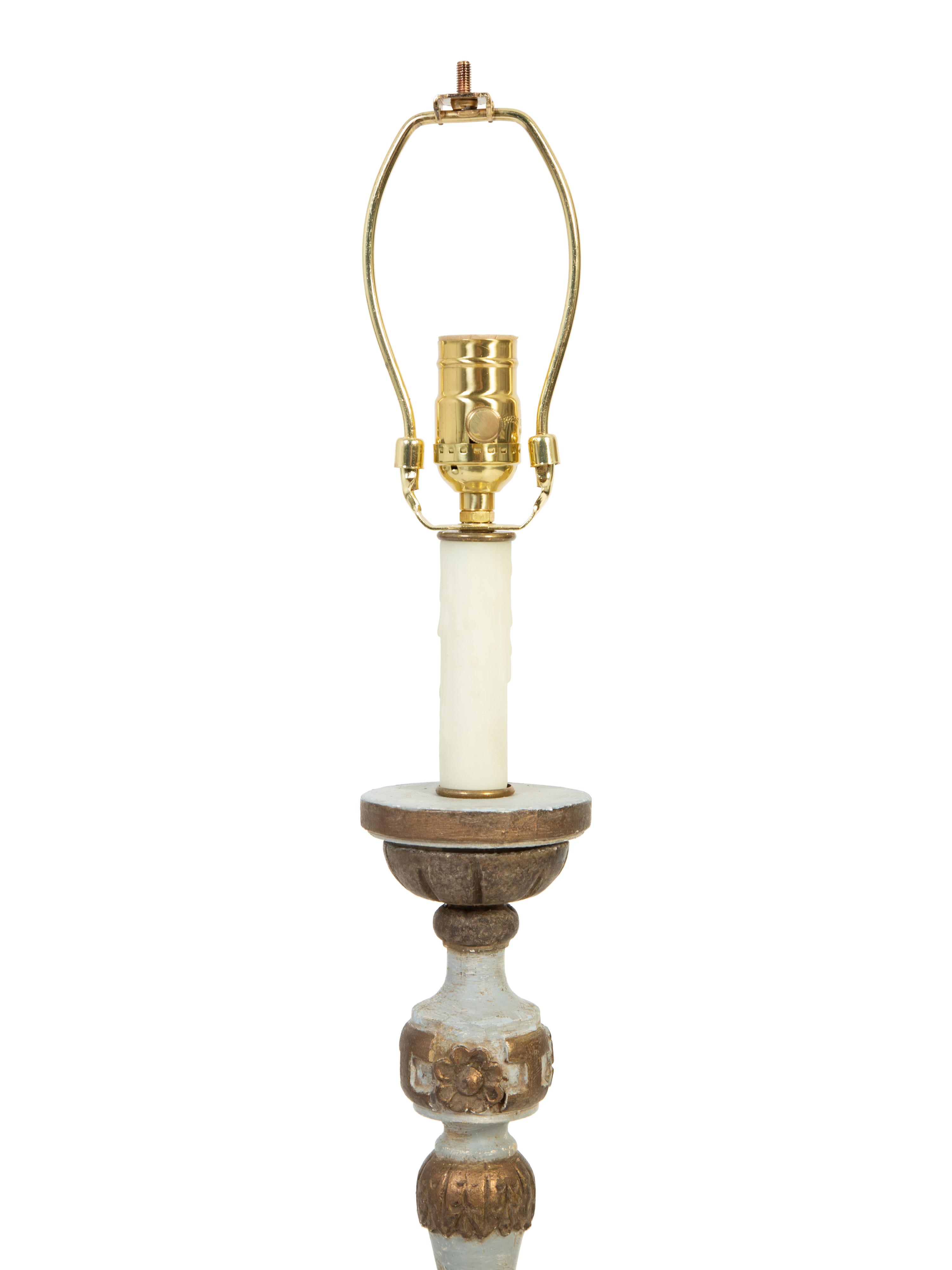 An Italian Painted and Parcel Gilt Pricket Mounted as a Lamp — 19TH/20TH CENTURY