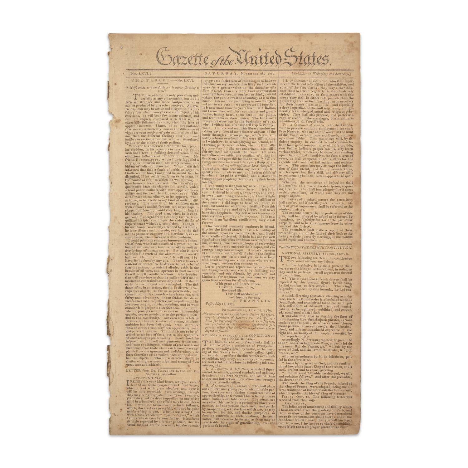 [African-Americana] Pennsylvania Abolition Society's "Plan for Improving the Condition of the Free Blacks", Printed in the "Gazette of the United States"