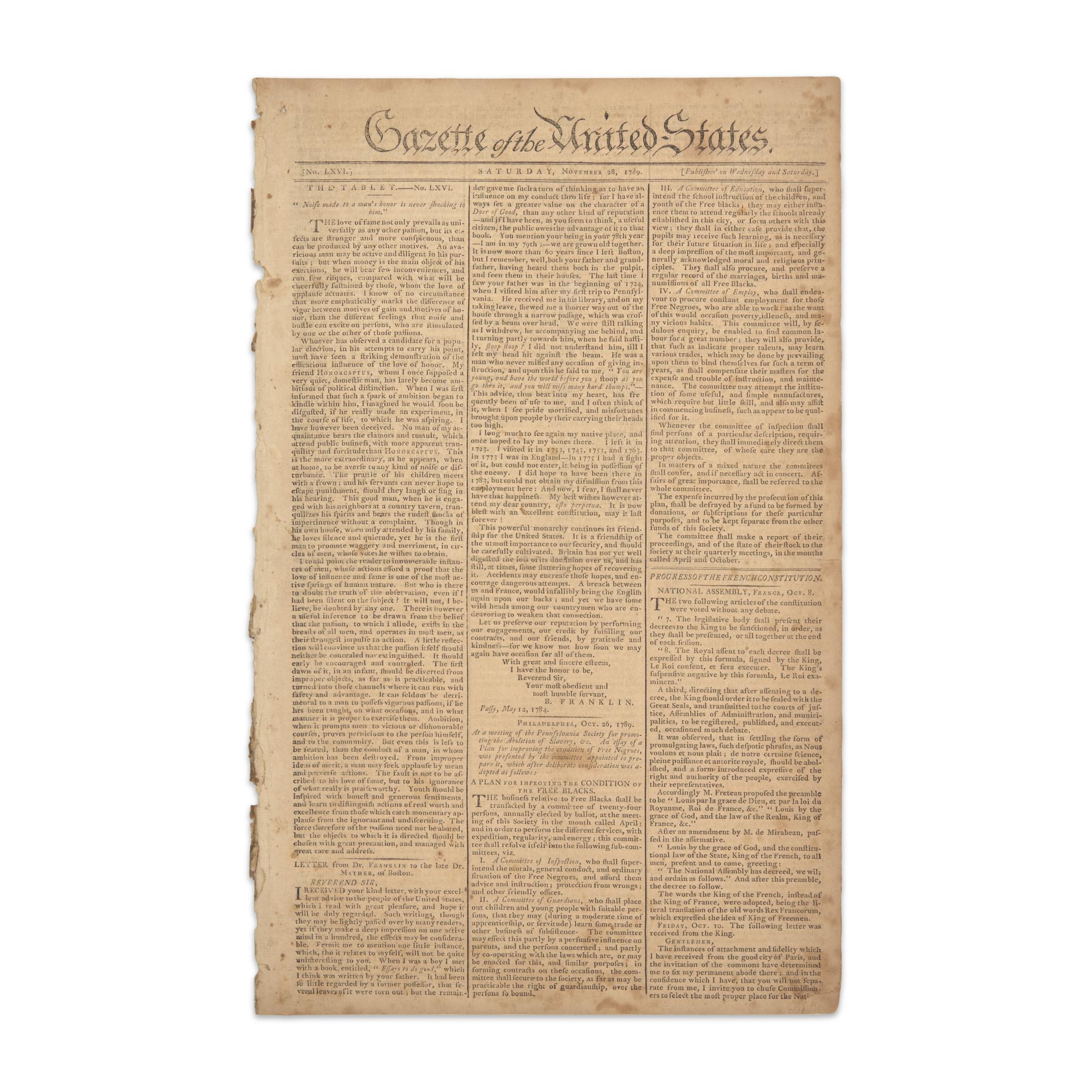 [African-Americana] Pennsylvania Abolition Society's "Plan for Improving the Condition of the Free Blacks", Printed in the "Gazette of the United States"