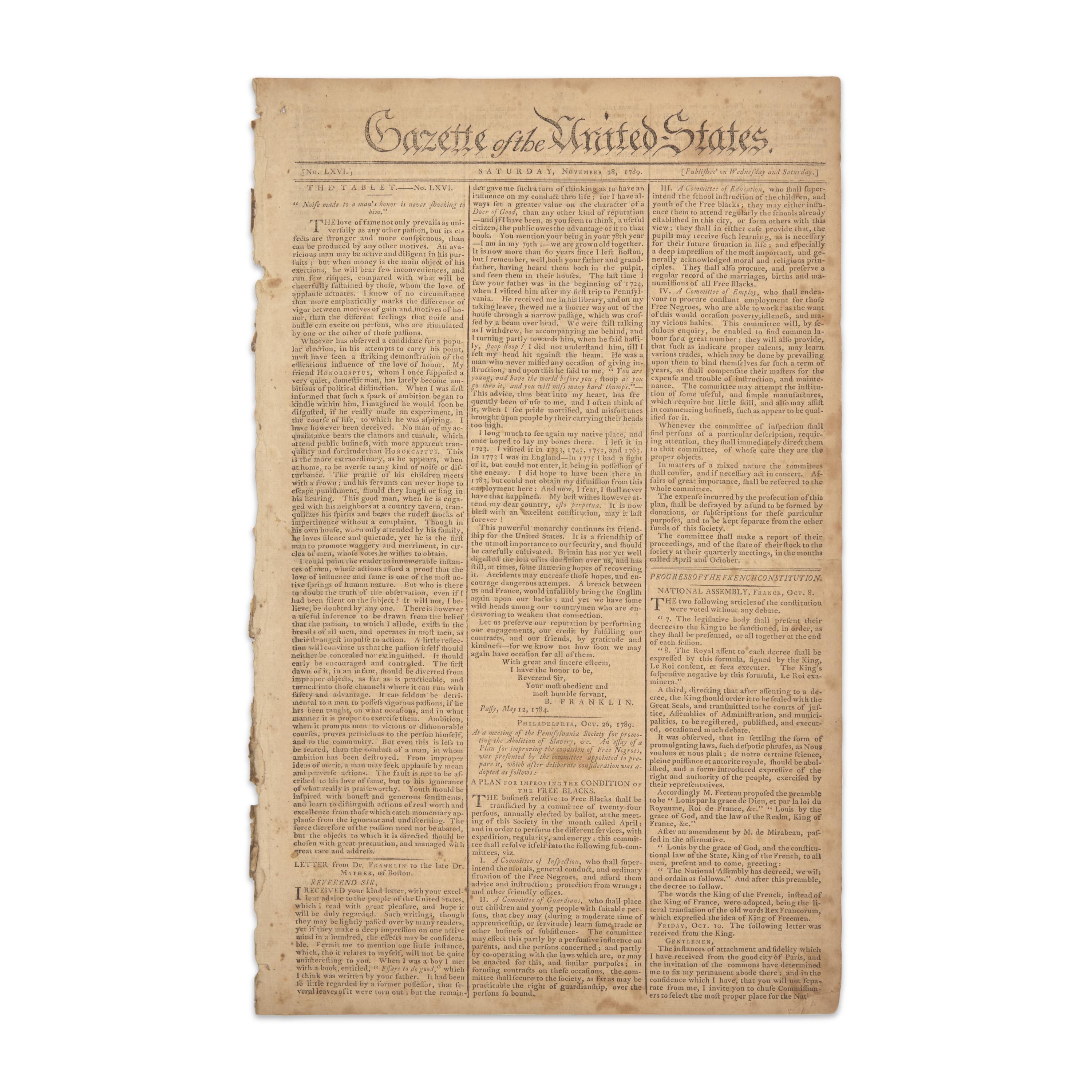 [African-Americana] Pennsylvania Abolition Society's "Plan for Improving the Condition of the Free Blacks", Printed in the "Gazette of the United States"