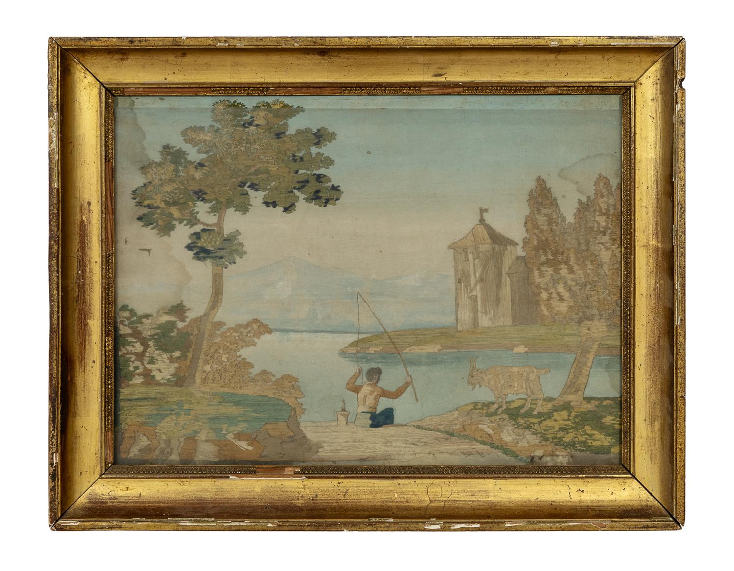 Four Continental Silk Needlework Pictures in Giltwood Frames