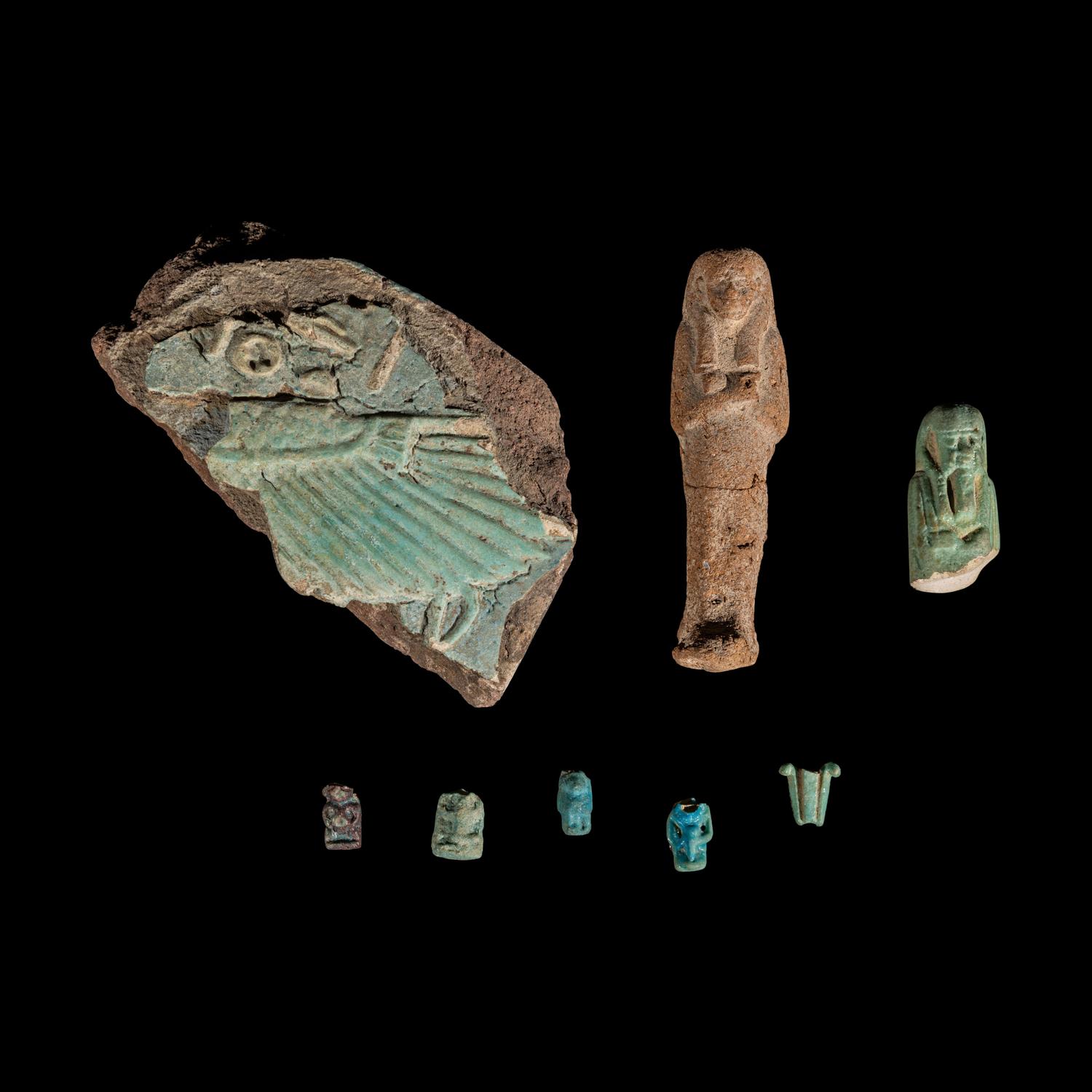 An Egyptian Granite Hedgehog — with 8 additional faience objects