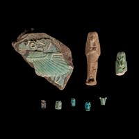 An Egyptian Granite Hedgehog — with 8 additional faience objects