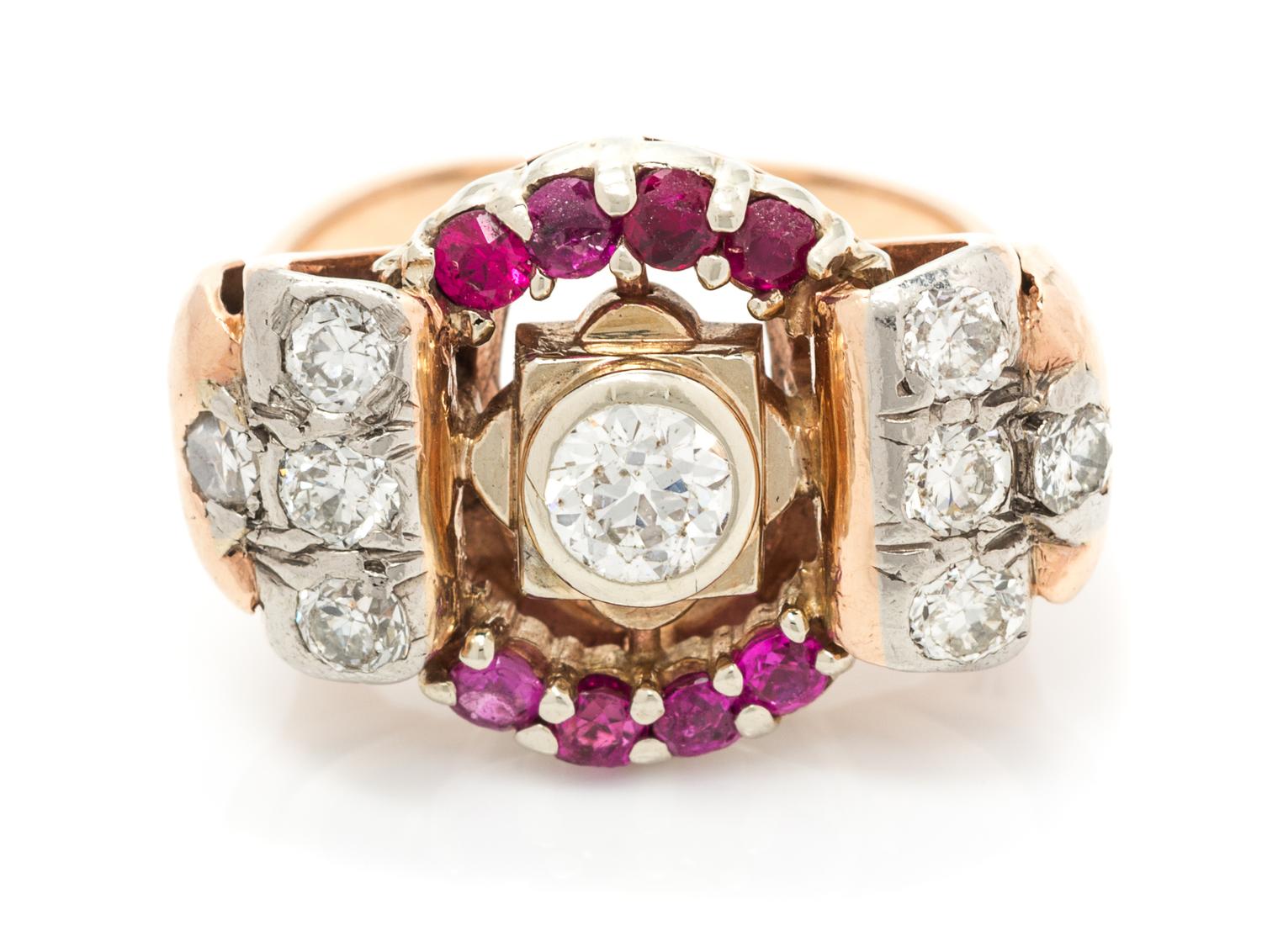 A Retro Rose Gold, Platinum, Ruby and Diamond Ring, 5.30 dwts.