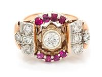 A Retro Rose Gold, Platinum, Ruby and Diamond Ring, 5.30 dwts.