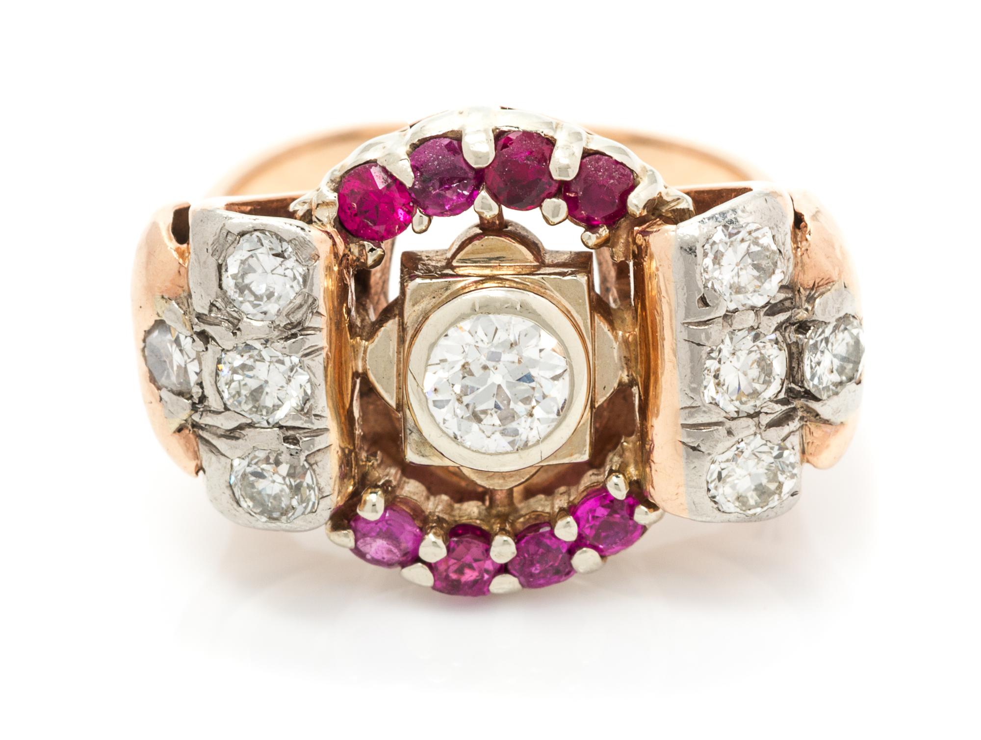 A Retro Rose Gold, Platinum, Ruby and Diamond Ring, 5.30 dwts.