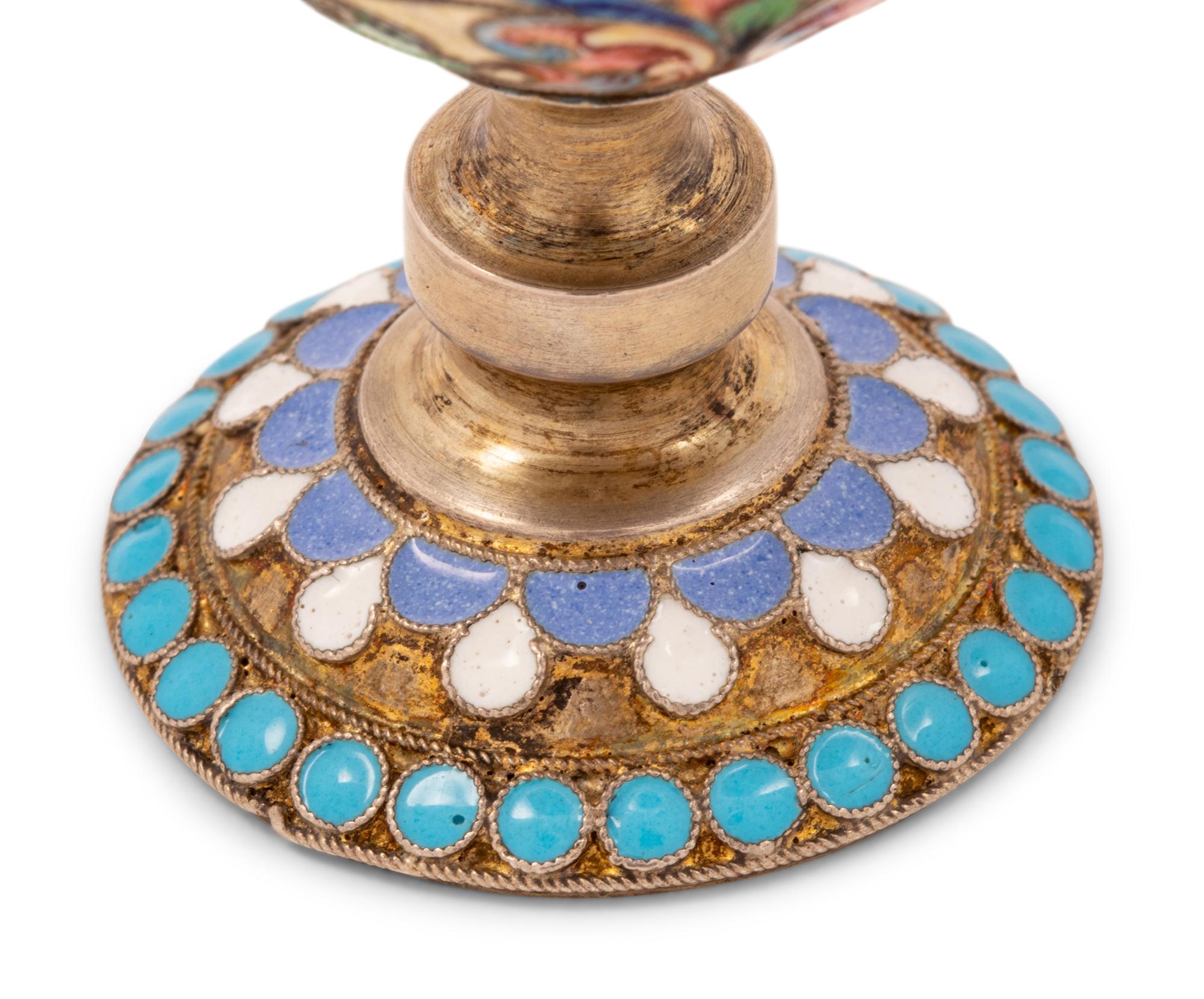 An Unusual Russian Enameled Silver Convertible Egg-Form Double Cordial Glass
