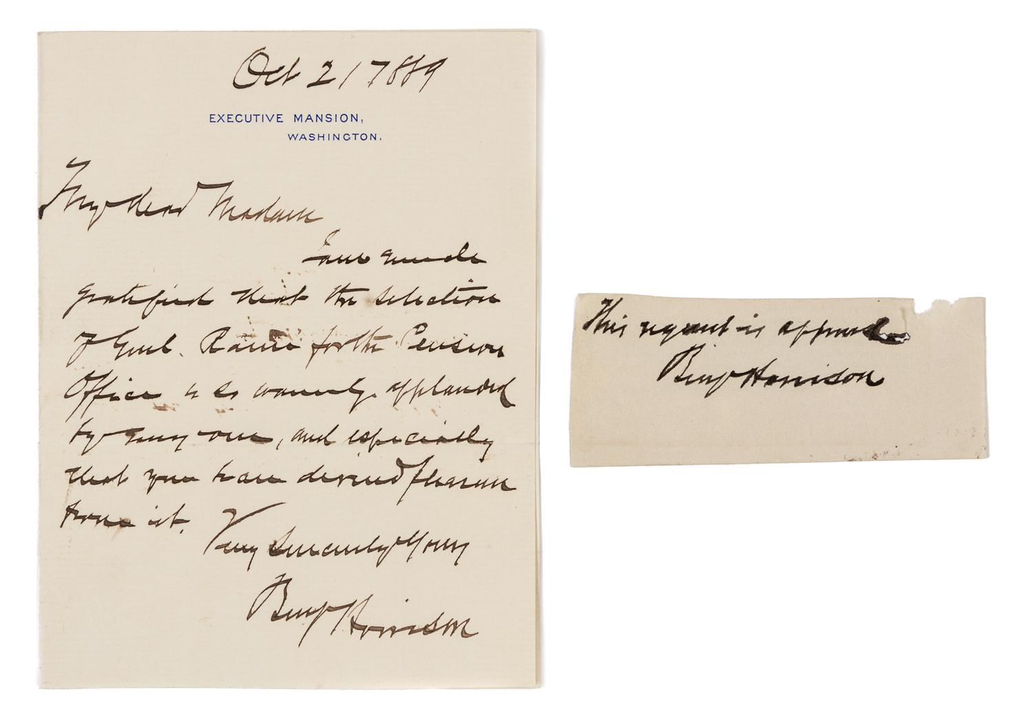 HARRISON, Benjamin Henry. Autographed letter signed ("Benj Harrison") as President, Washington, D.C., 1889.