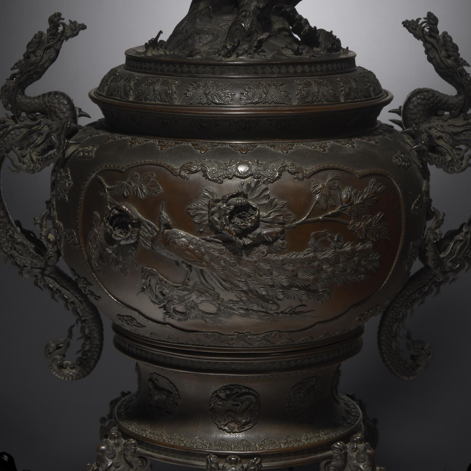 An Impressive and Very Large Japanese Patinated Bronze Koro, Meiji Period