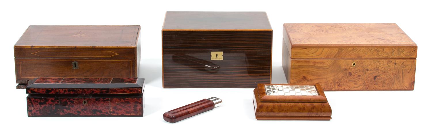 A Collection of Wooden Humidors and Covered Boxes Largest height 6 x width 16 x depth 10 3/4 inches. — 20TH CENTURY