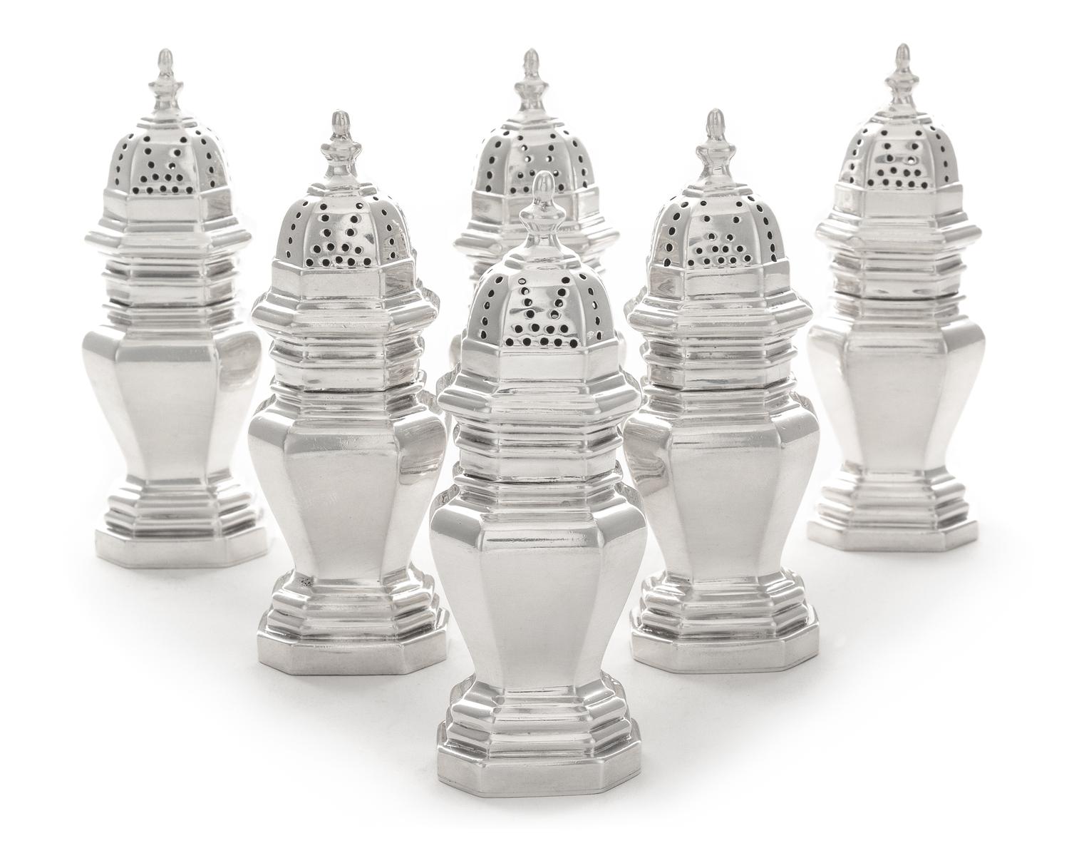 A Group of George VI Silver Articles, Walter Wilson, London, 1947, comprising six baluster-form casters, six salts and six spoons.