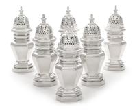 A Group of George VI Silver Articles, Walter Wilson, London, 1947, comprising six baluster-form casters, six salts and six spoons.