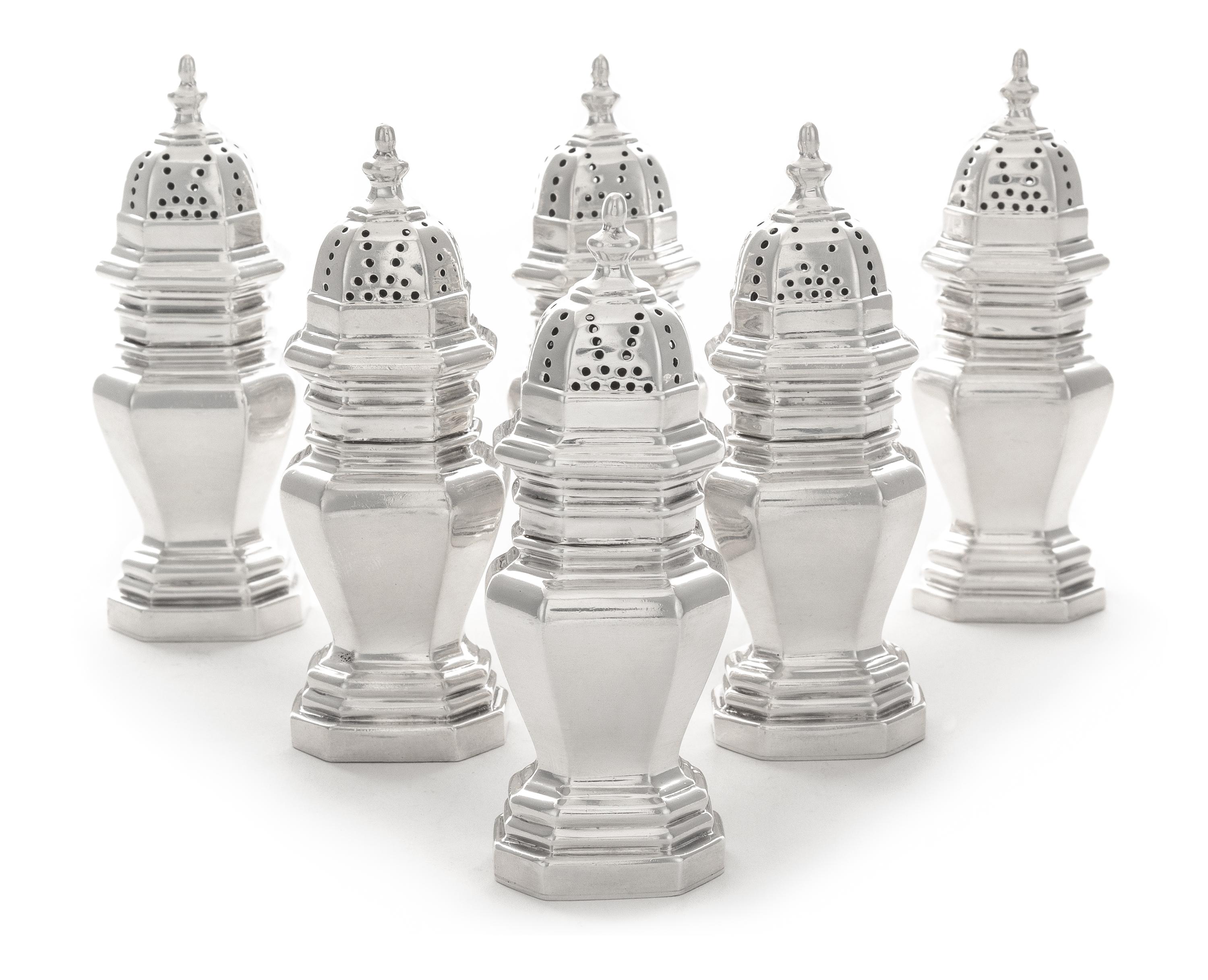 A Group of George VI Silver Articles, Walter Wilson, London, 1947, comprising six baluster-form casters, six salts and six spoons.