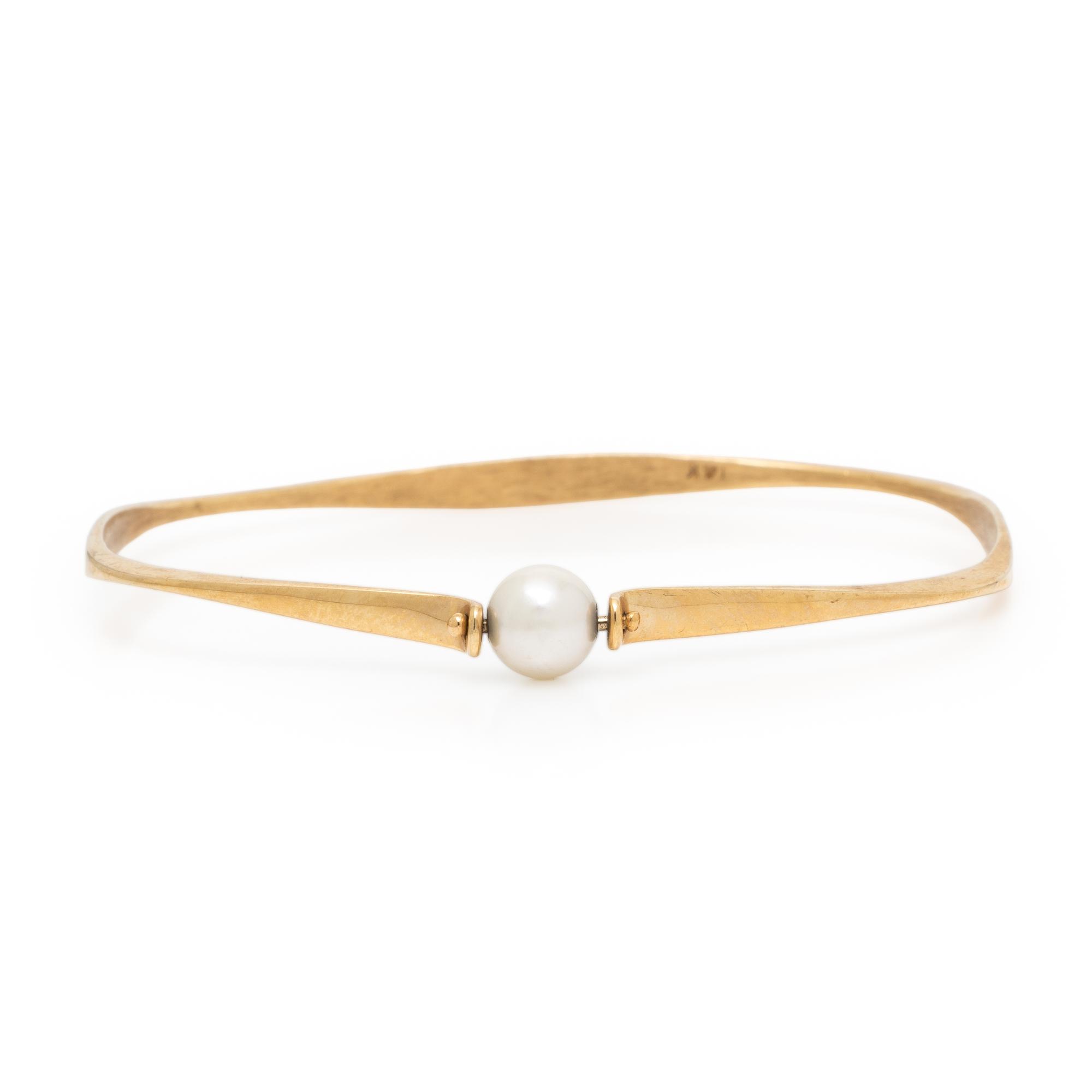 Cultured Pearl and Yellow Gold Bangle Bracelet