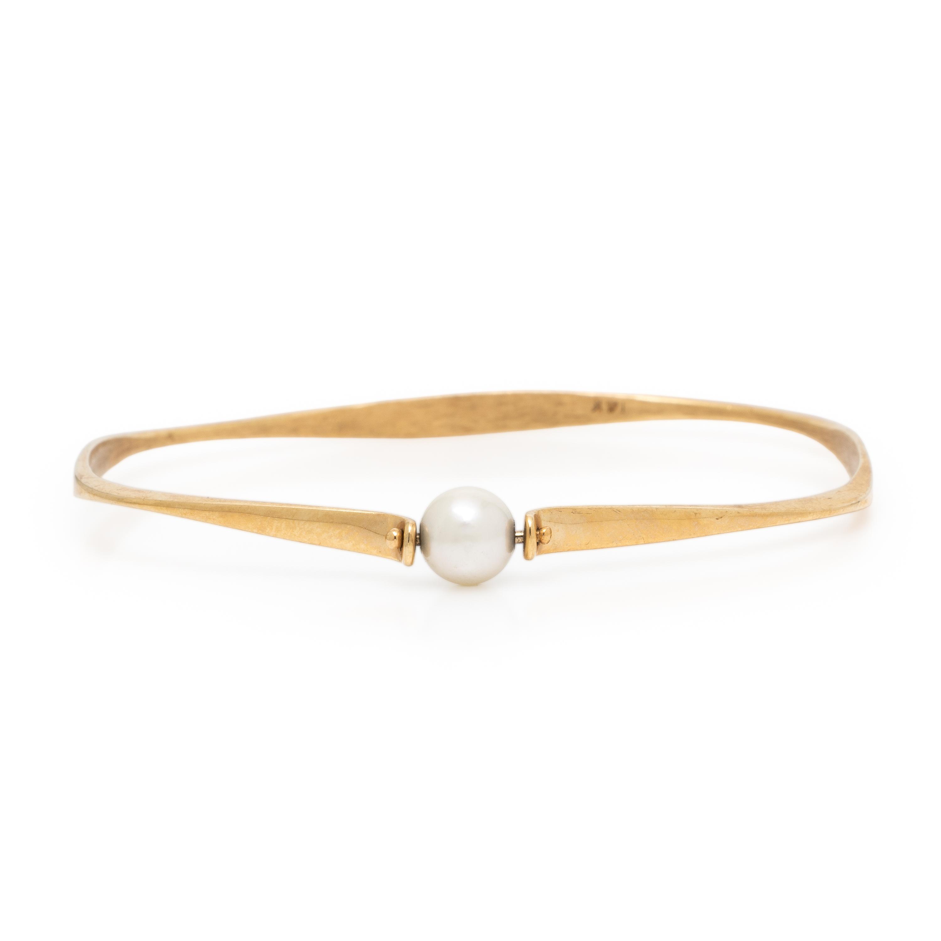 Cultured Pearl and Yellow Gold Bangle Bracelet