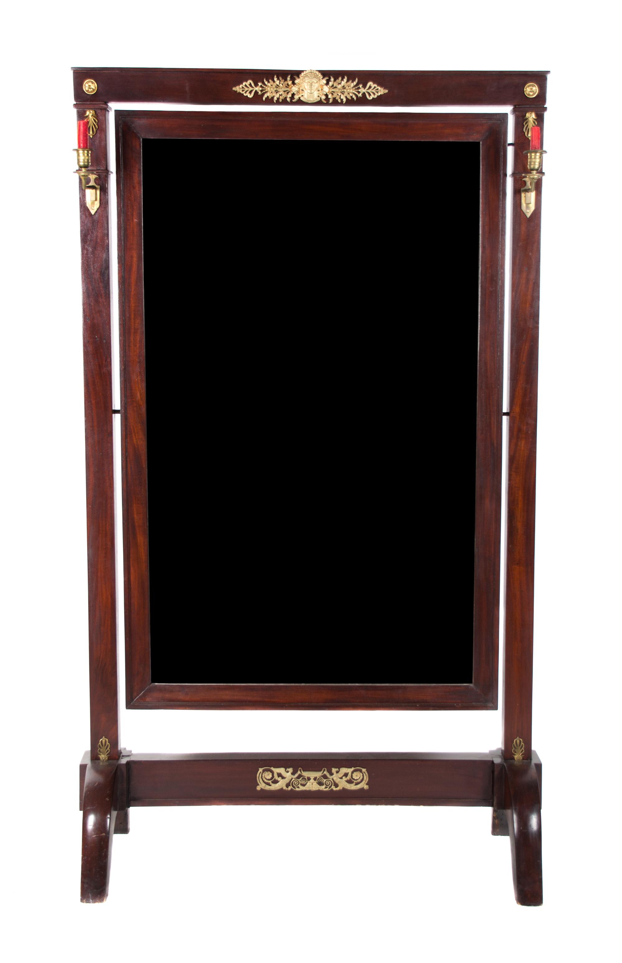 A French Empire Style Gilt Bronze Mounted Cheval Mirror Height 67 3/4 x width 38 1/4 inches. — 20TH CENTURY