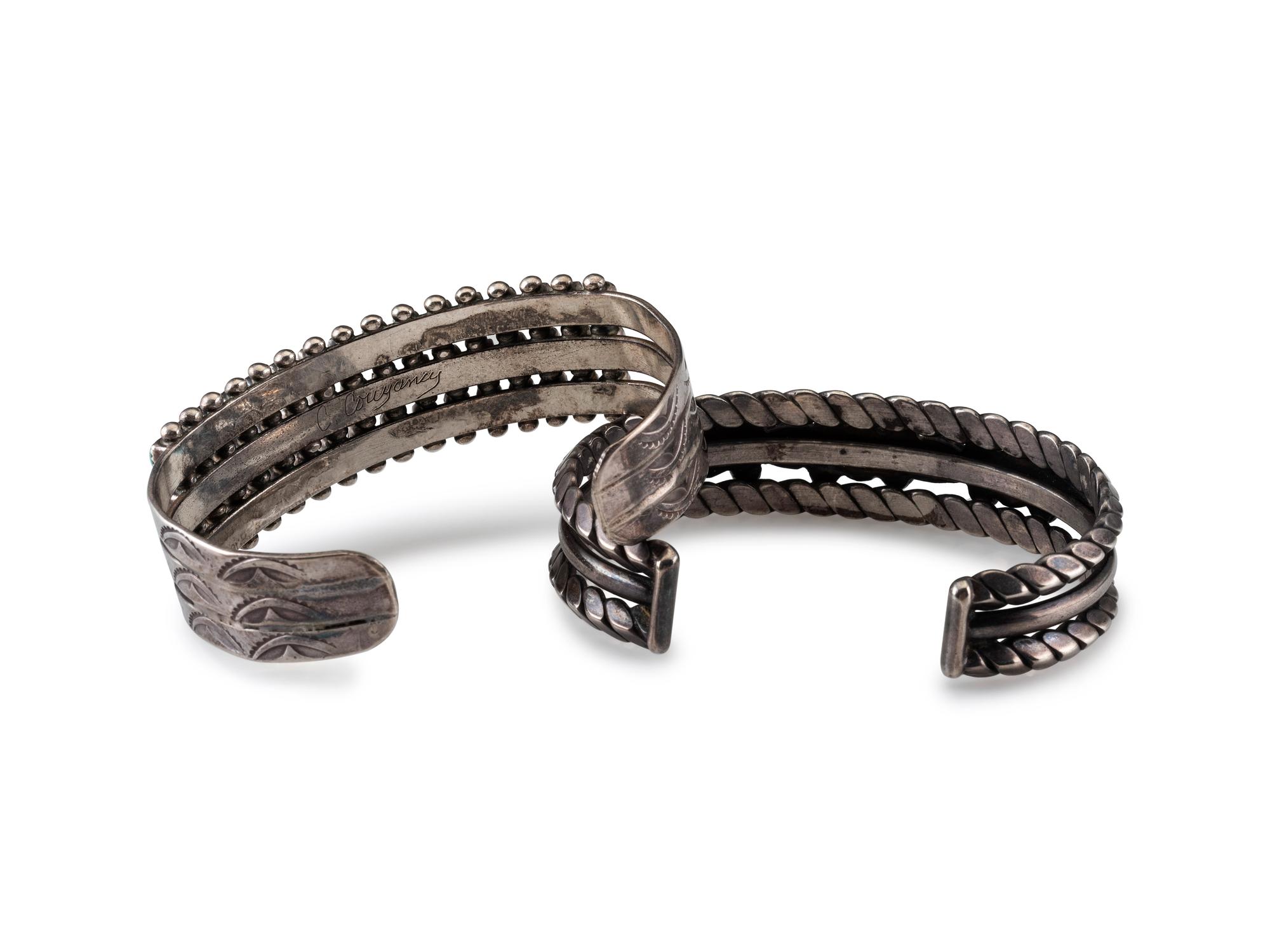 Navajo Stamped Silver and Turquoise Cuff Bracelets