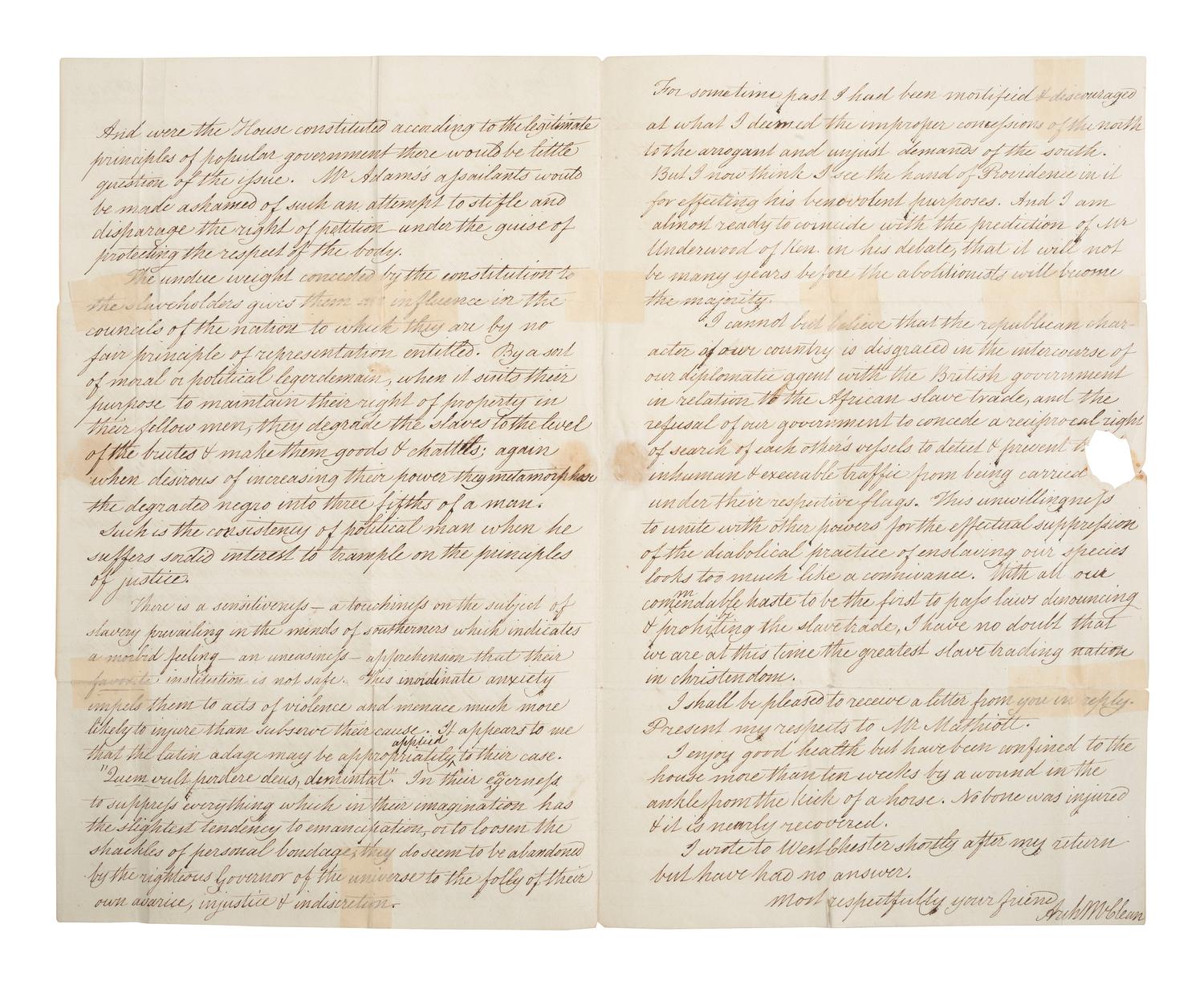 [SLAVERY & ABOLITION -- AMISTAD]. McCLEAN, Arch. Autograph letter signed ("Arch McClean"), to Congressman Francis JAMES (1799-1886). Grave Creek, VA, 16 February 1842. Discussing the Amistad case.