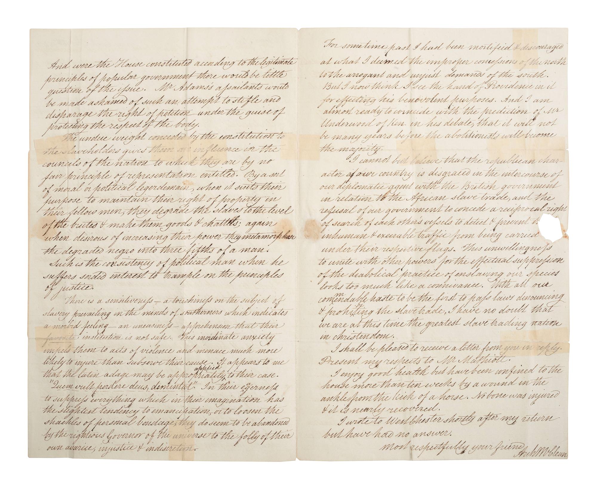 [SLAVERY & ABOLITION -- AMISTAD]. McCLEAN, Arch. Autograph letter signed ("Arch McClean"), to Congressman Francis JAMES (1799-1886). Grave Creek, VA, 16 February 1842. Discussing the Amistad case.
