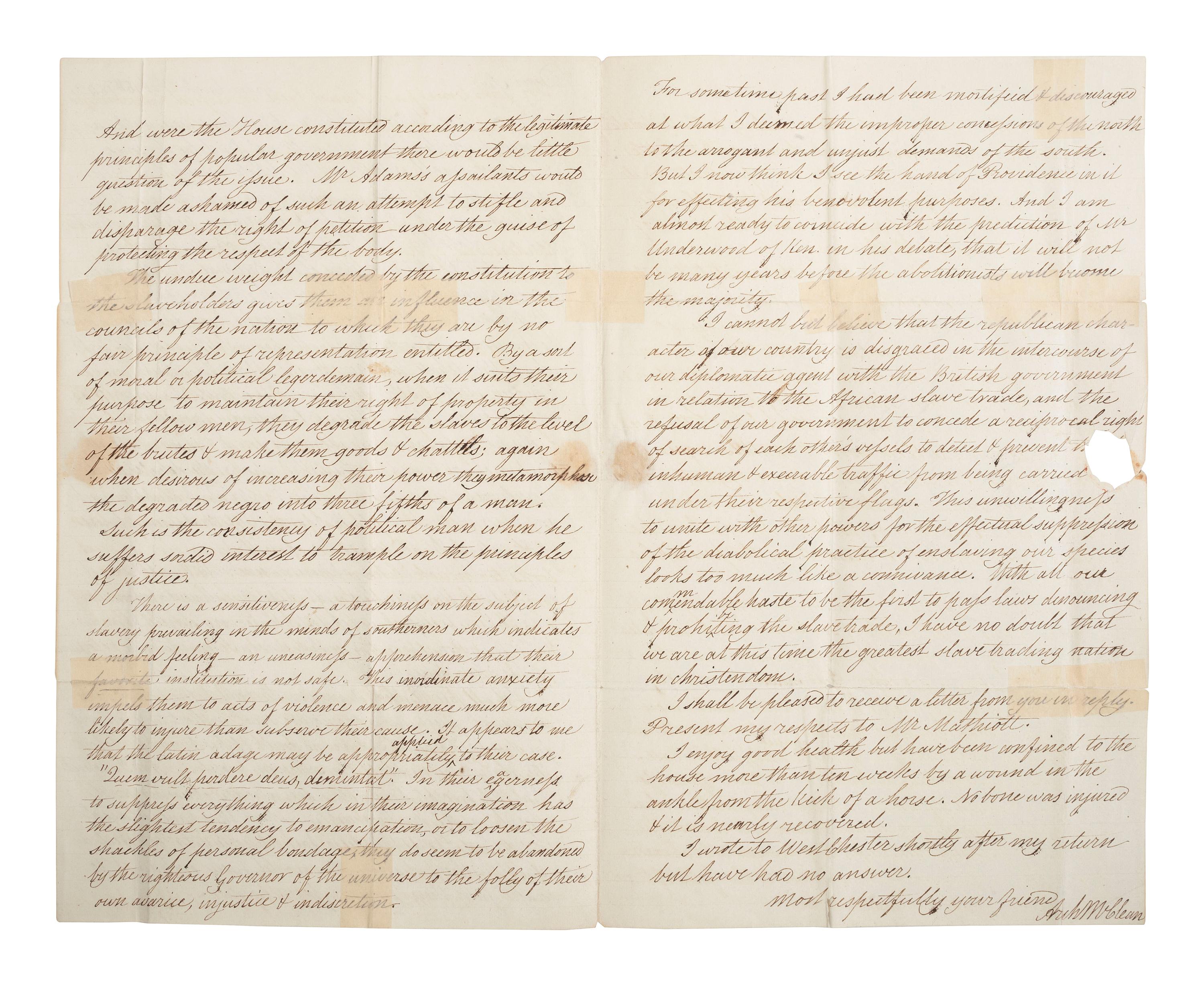 [SLAVERY & ABOLITION -- AMISTAD]. McCLEAN, Arch. Autograph letter signed ("Arch McClean"), to Congressman Francis JAMES (1799-1886). Grave Creek, VA, 16 February 1842. Discussing the Amistad case.