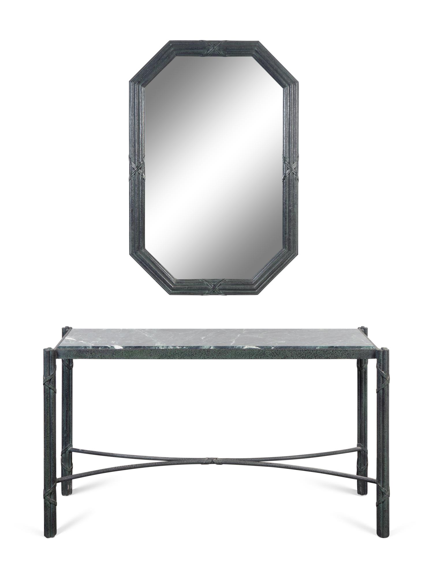 A Modernist Green Patinated Metal Inset Marble Top Console Table and Mirror — 20TH CENTURY