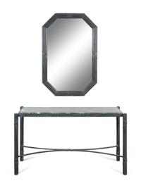 A Modernist Green Patinated Metal Inset Marble Top Console Table and Mirror — 20TH CENTURY