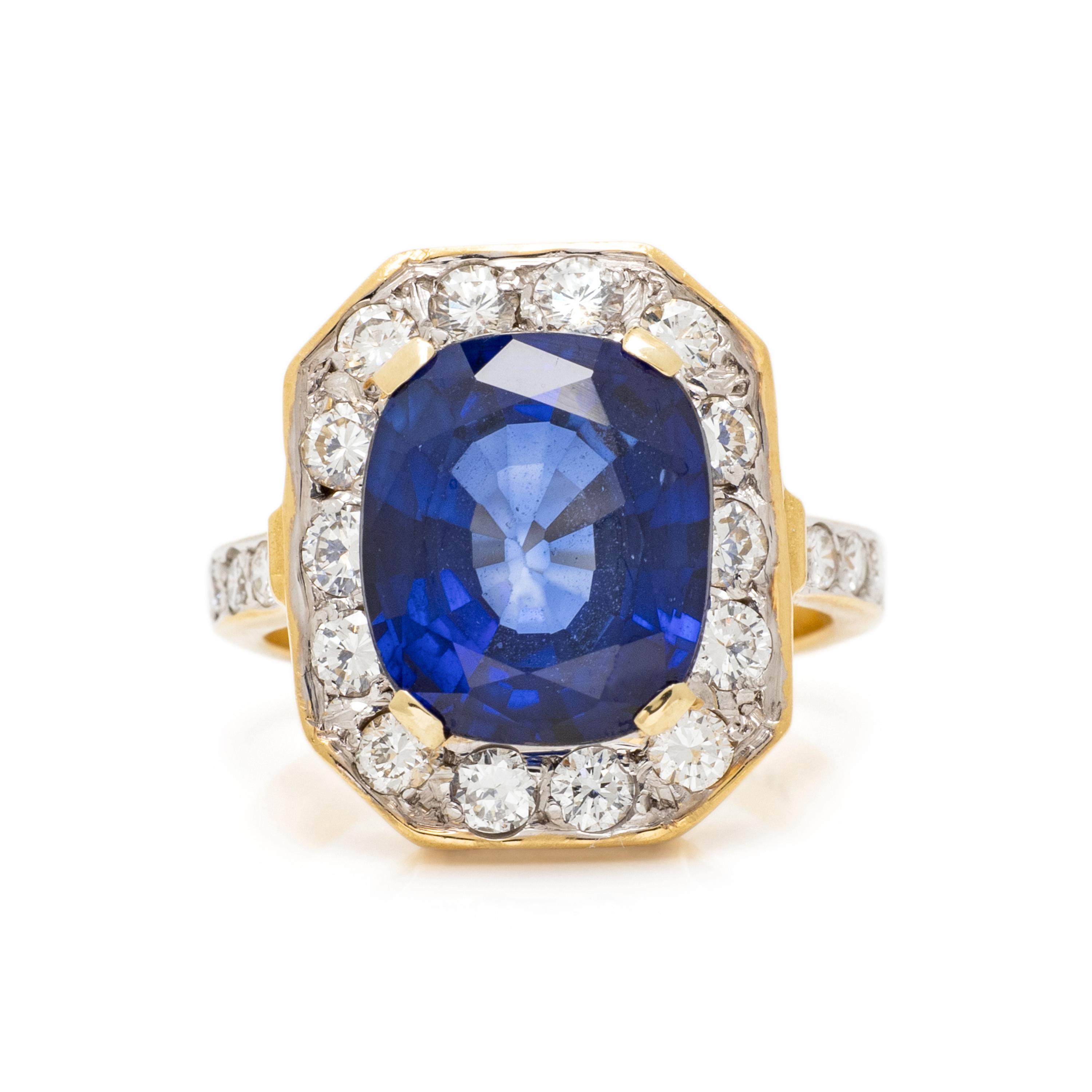 SAPPHIRE, DIAMOND, AND YELLOW GOLD RING