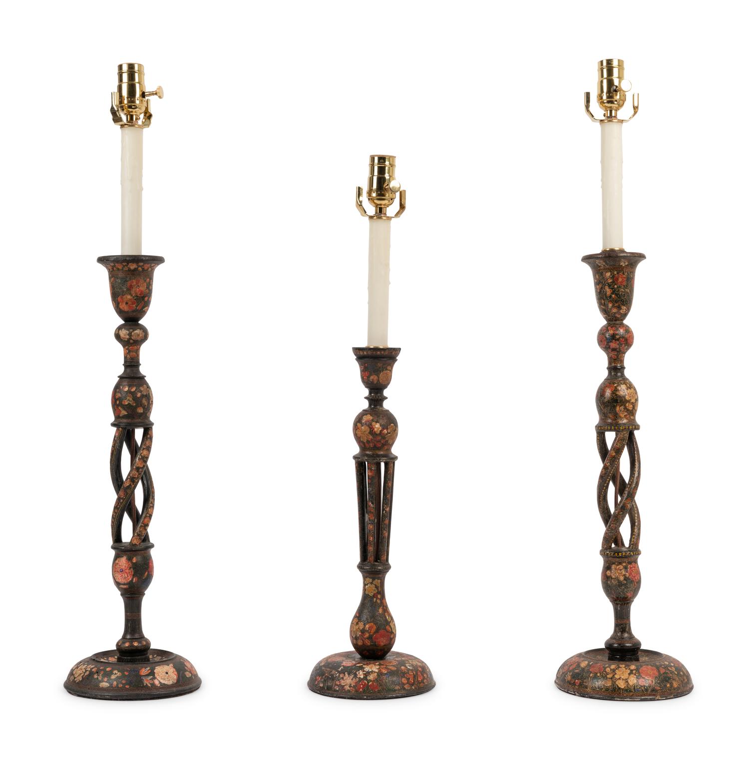 Three Kashmiri Candlesticks Mounted as Lamps