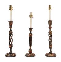Three Kashmiri Candlesticks Mounted as Lamps
