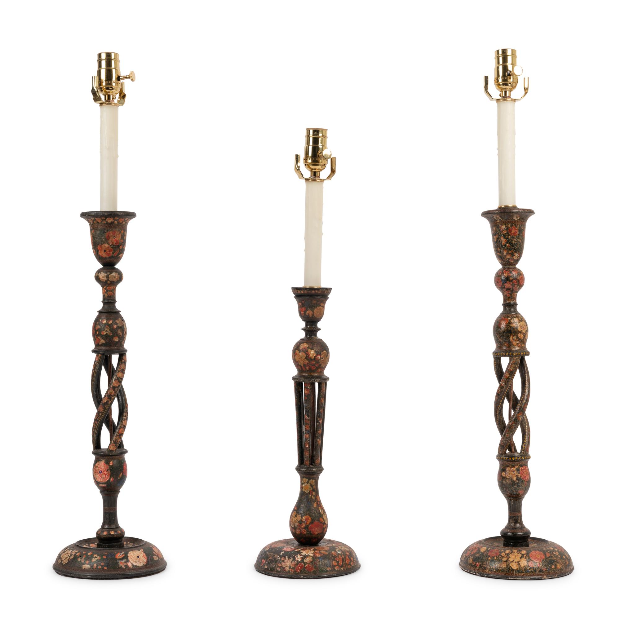 Three Kashmiri Candlesticks Mounted as Lamps