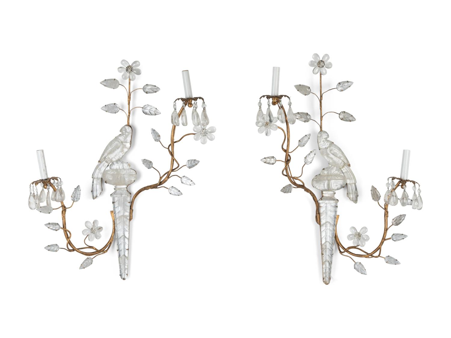 A Pair of Giltwood and Rock Crystal Two-Light Sconces in the Style of Maison Baguès