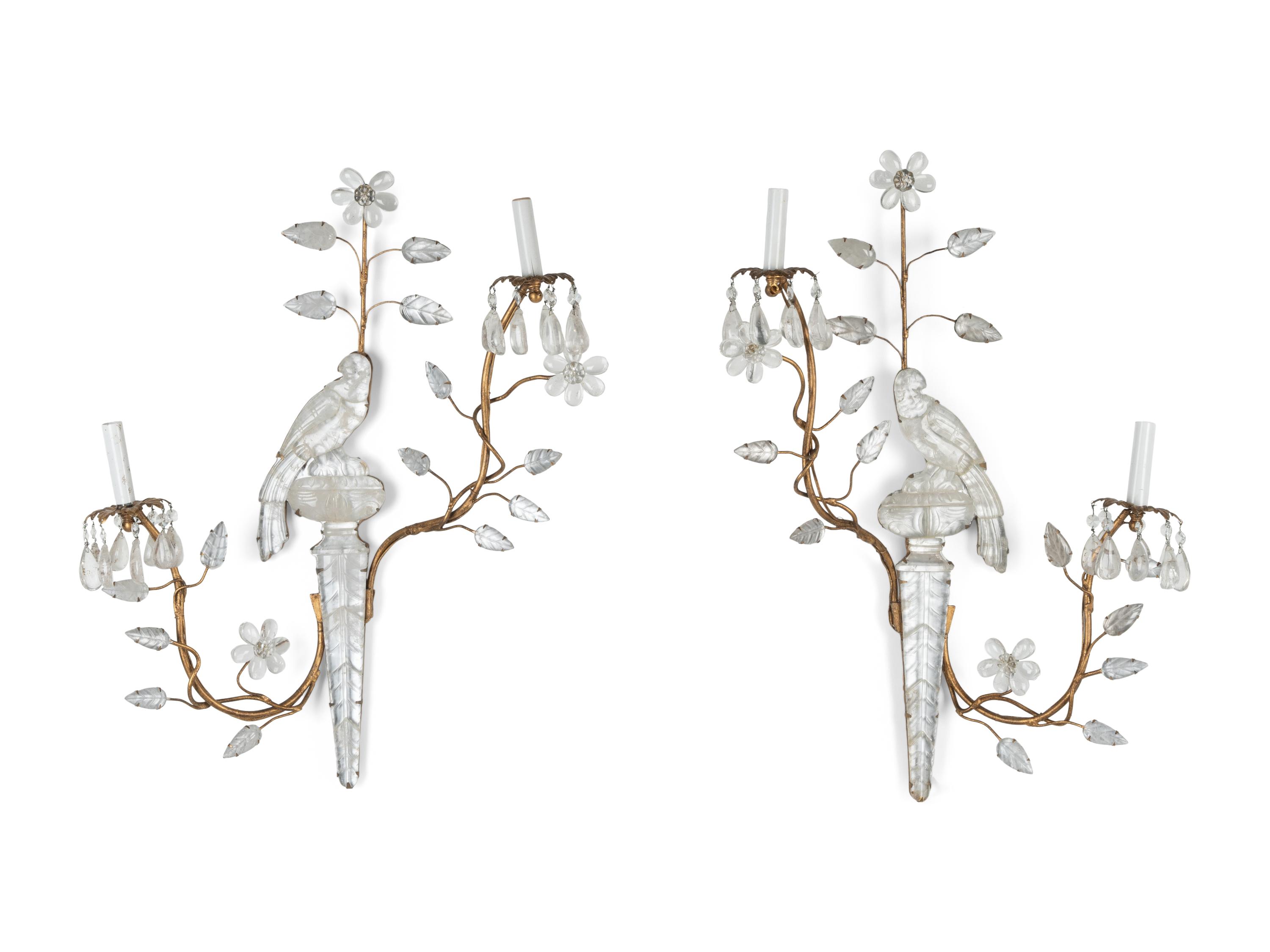A Pair of Giltwood and Rock Crystal Two-Light Sconces in the Style of Maison Baguès