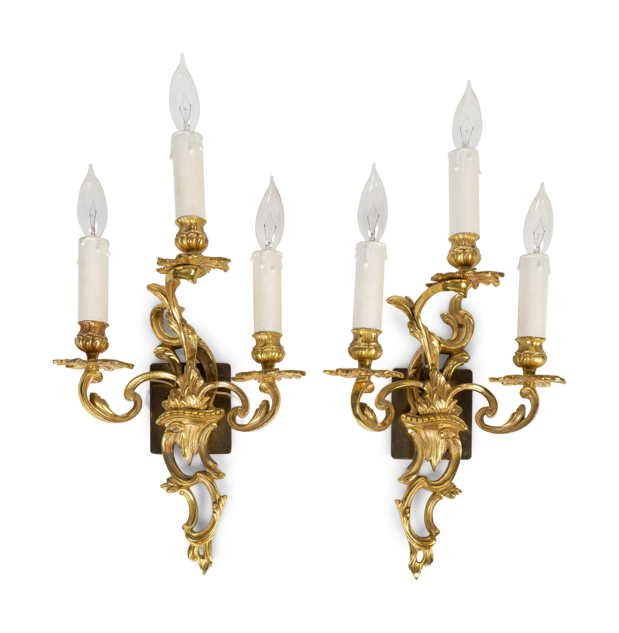 A Pair of Louis XV Style Gilt Bronze Three-Light Wall Sconces — 20TH CENTURY