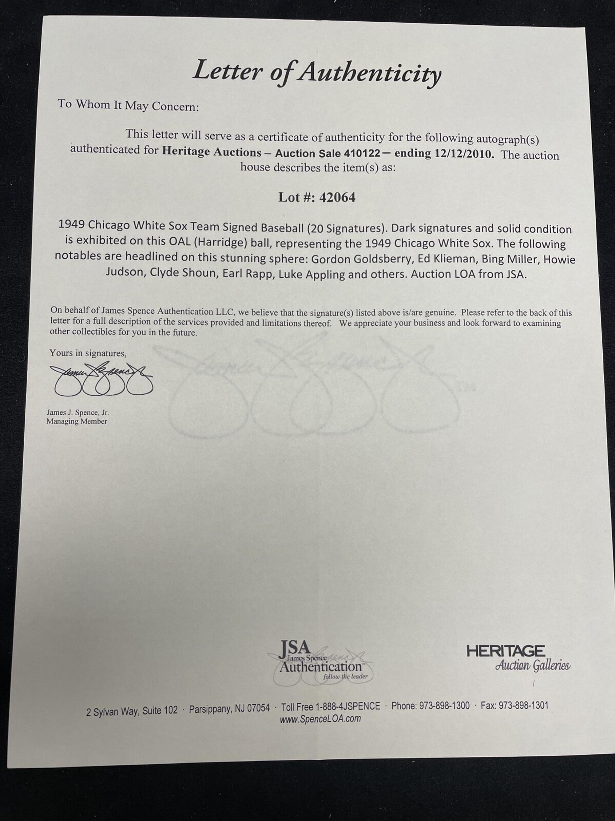 A 1949 Chicago White Sox Team Signed Autograph Baseball (JSA Auction Letter),